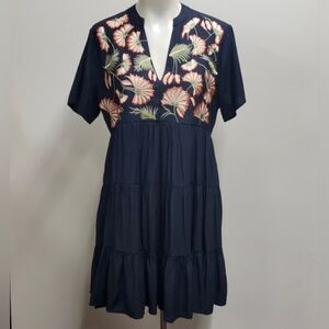 Entro Embroidered Split Neck Mini Dress Short Sleeve Women's Large Flowy Boho